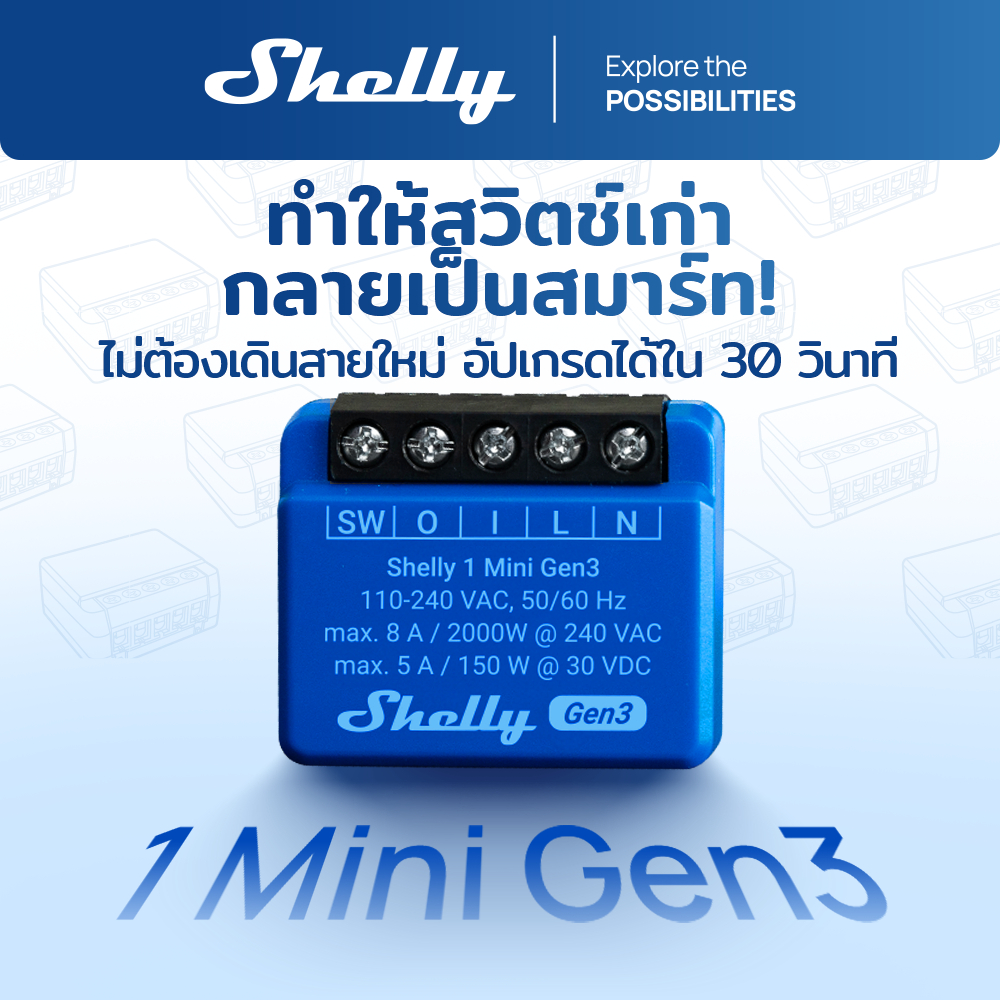 Shelly 1Mini Gen3 รีเลย์ WiFi 8A 110-240V สมาร์ทสวิตช์ โมดูลควบคุมไฟ อัจฉริยะ ควบคุมผ่านแอป รองรับ Google Home Alexa
