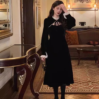 ✨ผู้หญิง ดํา วินเทจ สบายๆ ทํางาน ชุดเดรส แขนยาว แฟชั่น ใส่สบาย เดรสน่ารัก black dress ออกงาน✨
