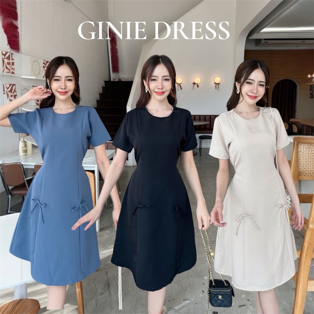 Ginie dress เดรสคอกลมแต่งโบว์ ซิปหลัง ป้าย VERA