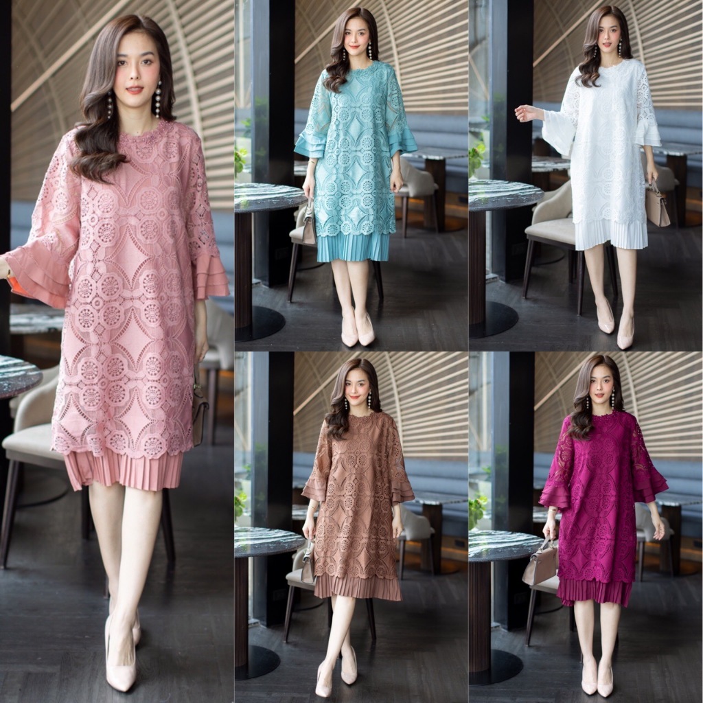 Cutie Minute L4821 เดรสลูกไม้ผสมผสานด้วยผ้าชีฟองอัดพลีทแน่นๆที่ชายกระโปรง ช่วงแขนแต่งระบาย