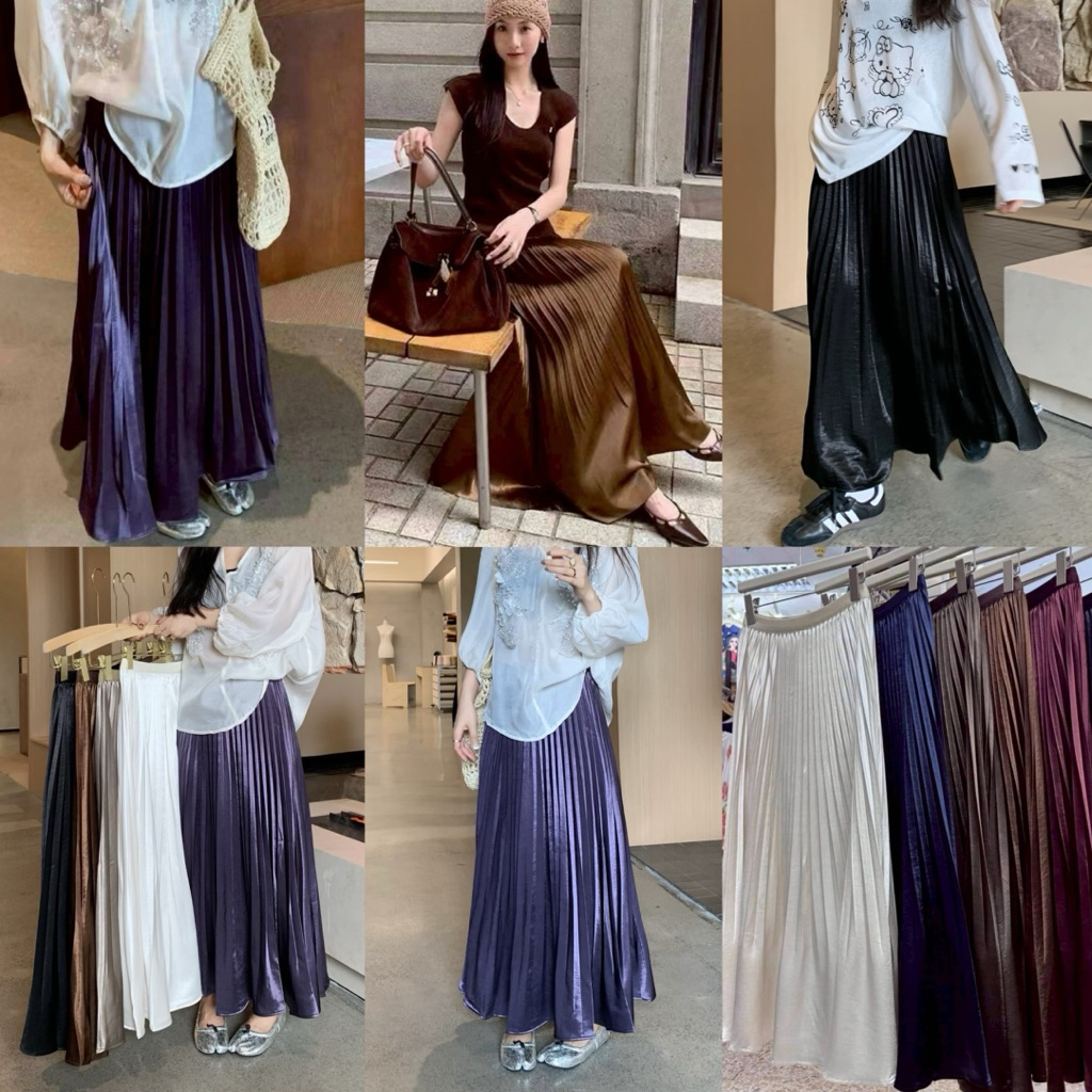 กระโปรงพลีทซาตินสีพื้นเอวยางยืดผ้าดีผ้าพริ้วเล่นแสง
