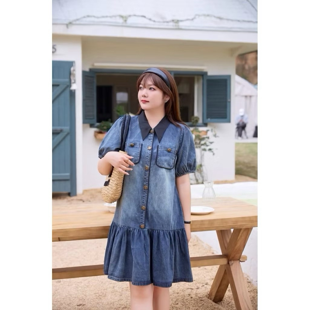 LN6667 เดรสกระโปรงยีนส์ คอปก แต่งกระเป๋าหน้า ติดแต่งกระดุมทอง S-4XL