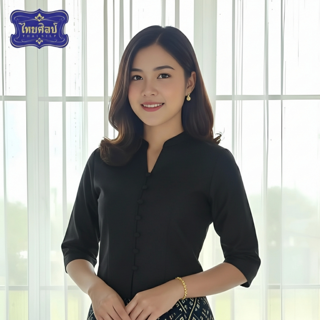 เสื้อผ้าฝ้ายอัดกาว จีนวีผ่าหน้า  แขนสามส่วน สีดำ