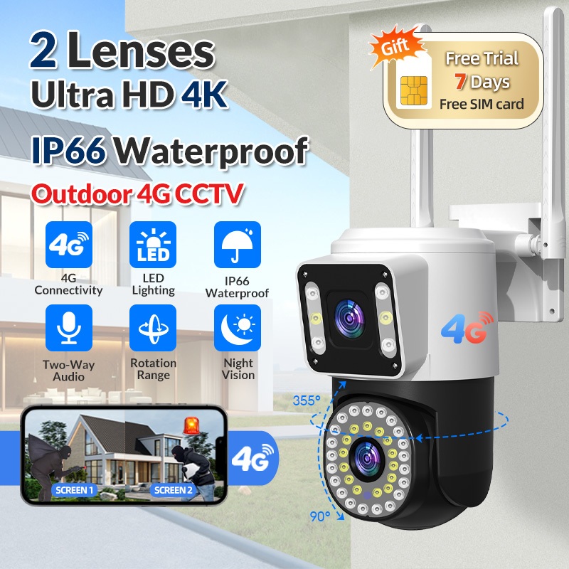 V380 กล้อง CCTV สองตา กล้องใส่ซิม 4G  ความละเอียดภาพ HD 8MP สีเต็มรูปแบบ กันน้ำสำหรับกลางแจ้ง