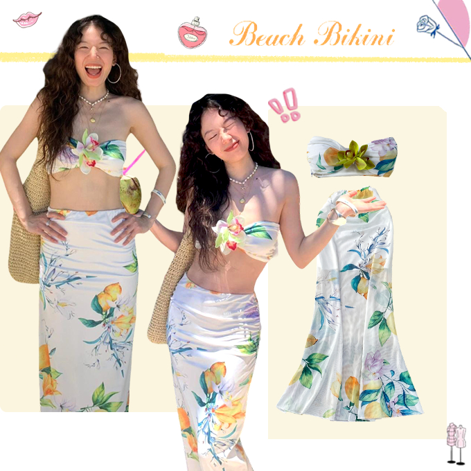 🌸Beach Bikin🌸บิกินี่ 3 ชิ้น ชุดว่ายน้ำกระโปรง กระโปรงยาว เซ็กซี่ ลายดอก รุ่นใหม่ เหมาะสำหรับสาวๆ