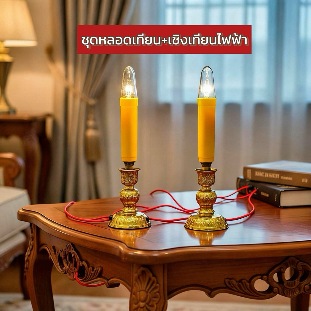 เชิงเทียนไฟฟ้า หลอดเทียนไฟฟ้า เสริมสิริมงคล หลอดแดง-เหลือง สำหรับตั้งหิ้งพระ โต๊ะหมู่บูชา ปลอดมลพิษ