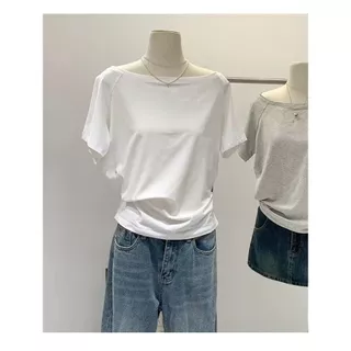 เสื้อเเขนสั้น คอกว้าง เสื้อยืดผู้หญิง สีพื้น ผ้านิ่มมาก เข้ากับทุกสไตส์ เสื้อยืดเปิดไหล่ เสื้อผ้าสาวสไตล์เกาหลี มินิมอล