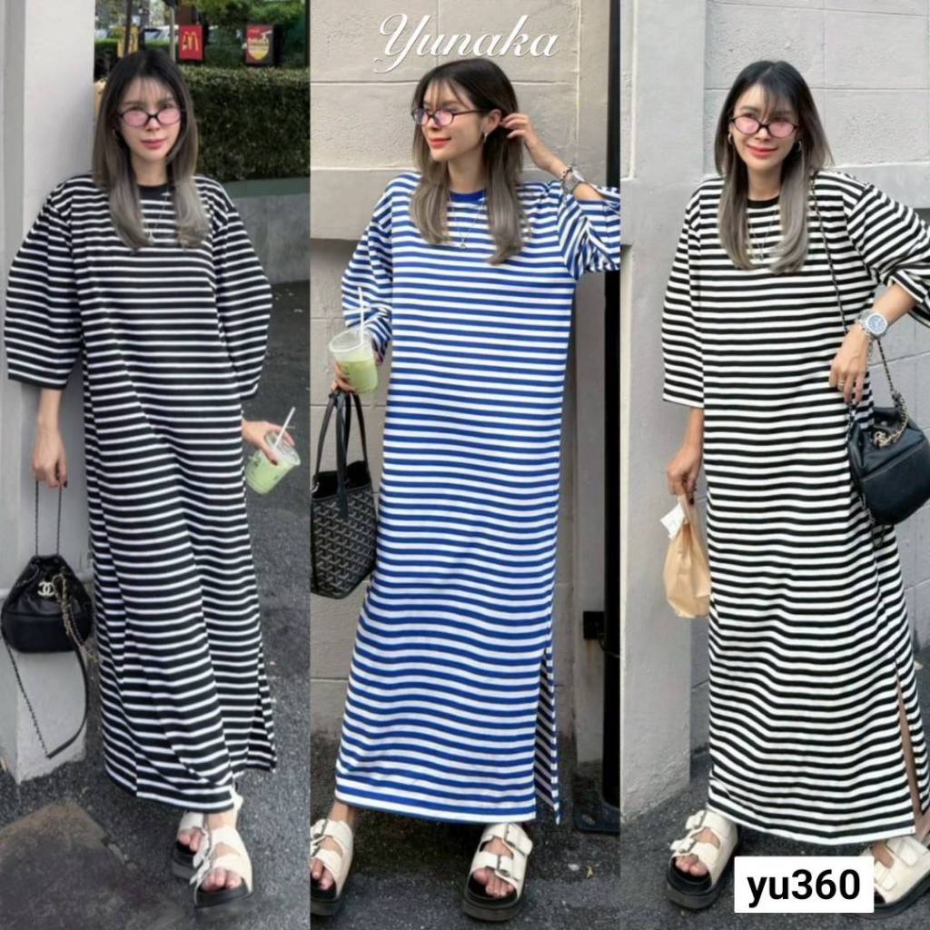 เดรสยาวทรงปล่อย ทรง oversize แขนพองนิดๆดูน่าร๊ากกมากแม่ ผ่าข้างนิดๆ ลายทางสุดคลาสสิค yunaka