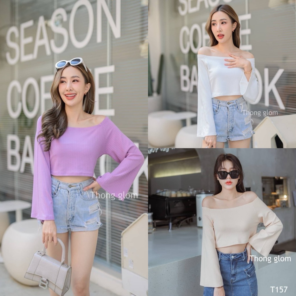T157 เสื้อครอปปาดไหล่แขนกระดิ่ง เสื้อครอปแขนยาว