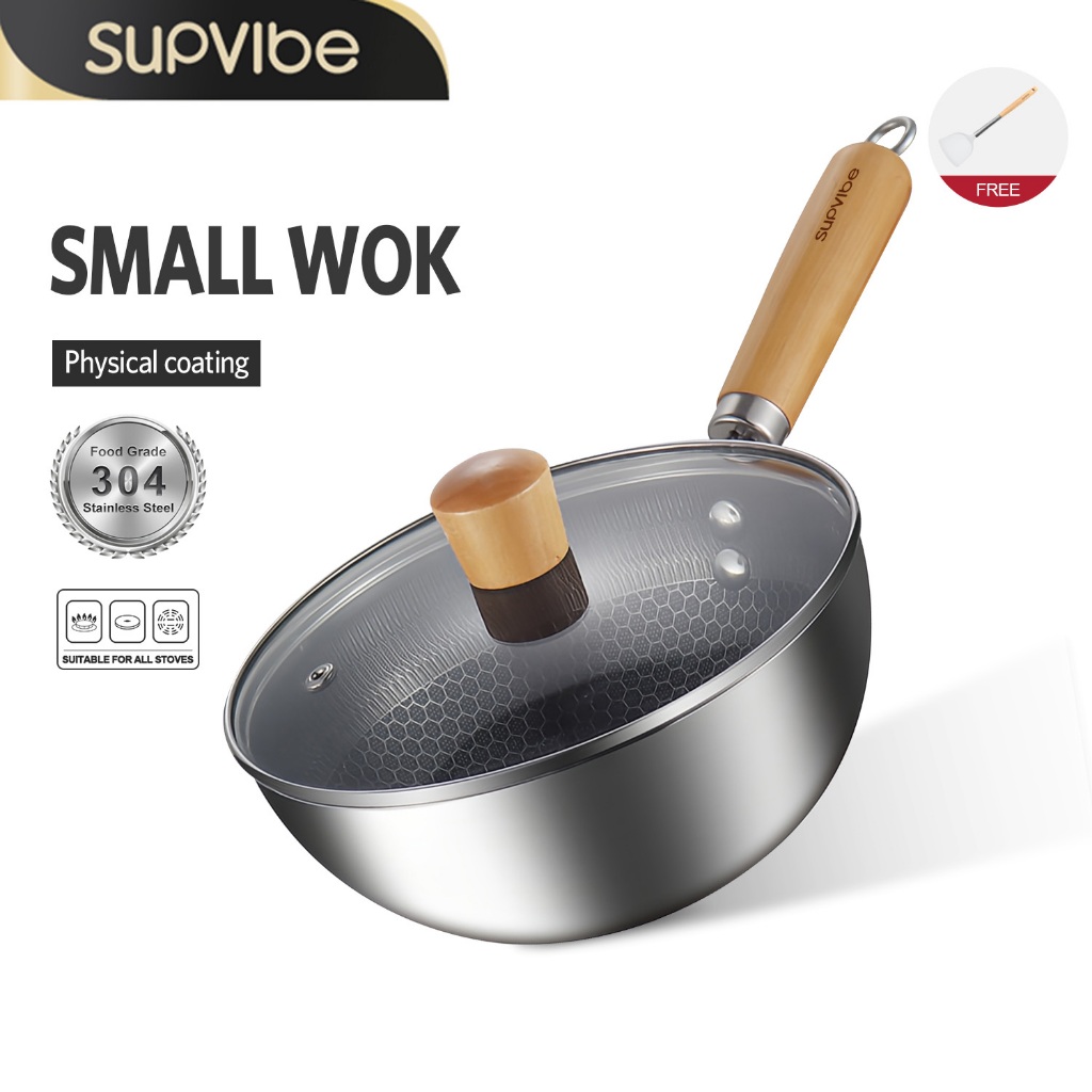 SUPVIBE กระทะรังผึ้งสแตนเลส กระทะผัด มีที่จับ กระทะไม่ติด 100%  ร้อนเร็ว กระทะก้นลึก ทำความสะอาดง่าย สำหรับห้องครัว