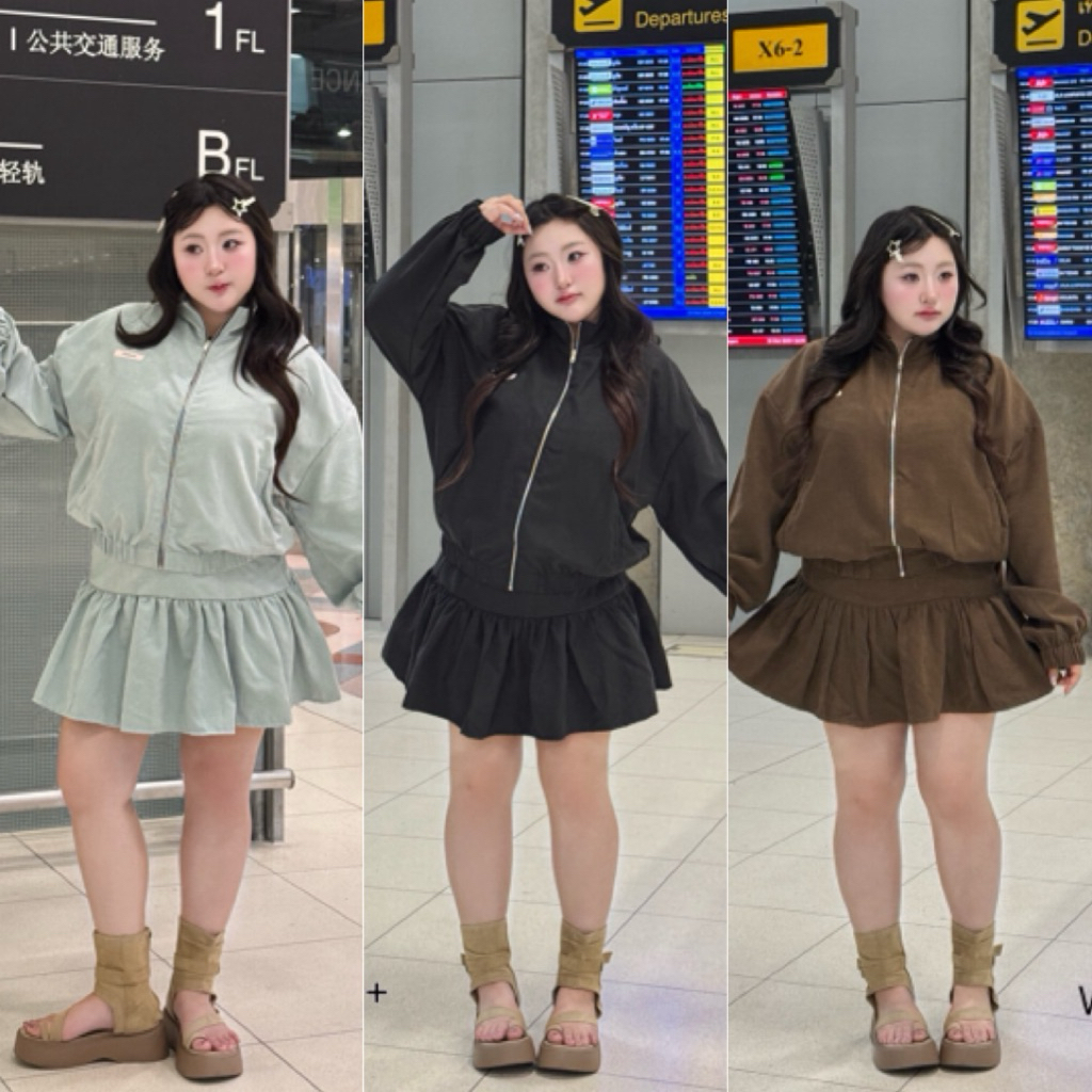 WP ชุดเซ็ต เสื้อแจ็คเก็ตแขนยาวซิปหน้า+กระโปรงระบาย ผ้าหนังกลับ ไซส์ใหญ่