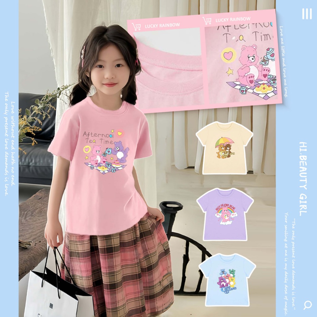 เสื้อผ้าเด็ก เสื้อยืด สื้อยืดเด็กผู้หญิง ลายการ์ตูน เสื้อผ้าสาวๆ ผ้าฝ้ายแท้ แขนสั้น สไตล์ลำลอง คอกลม 1-12