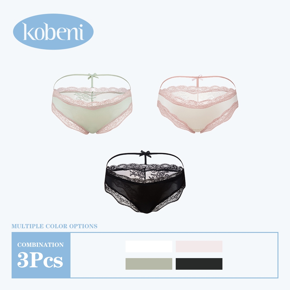 ⭐KOBENI⭐【แพ็ค 3ตัว】กางเกงในลูกไม้เซ็กซี่ ประดับโบว์ ผ้าบางเบา เอวต่ำ สวมใส่สบาย 