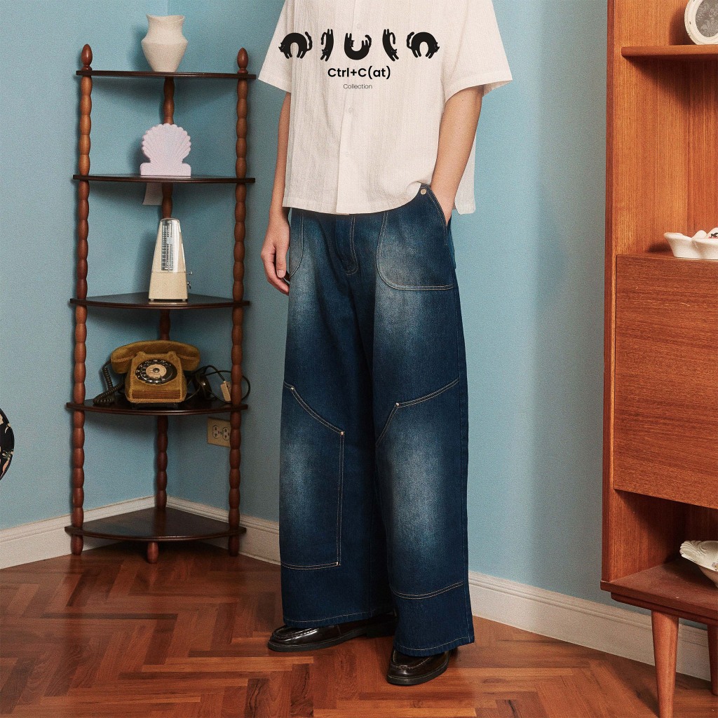 olulo Ctrl+C(at) - Double Knee Dark Denim Jeans กางเกงยีนส์ double knee ทรง baggy  (Free! Arm Patch จนกว่าของจะหมด)