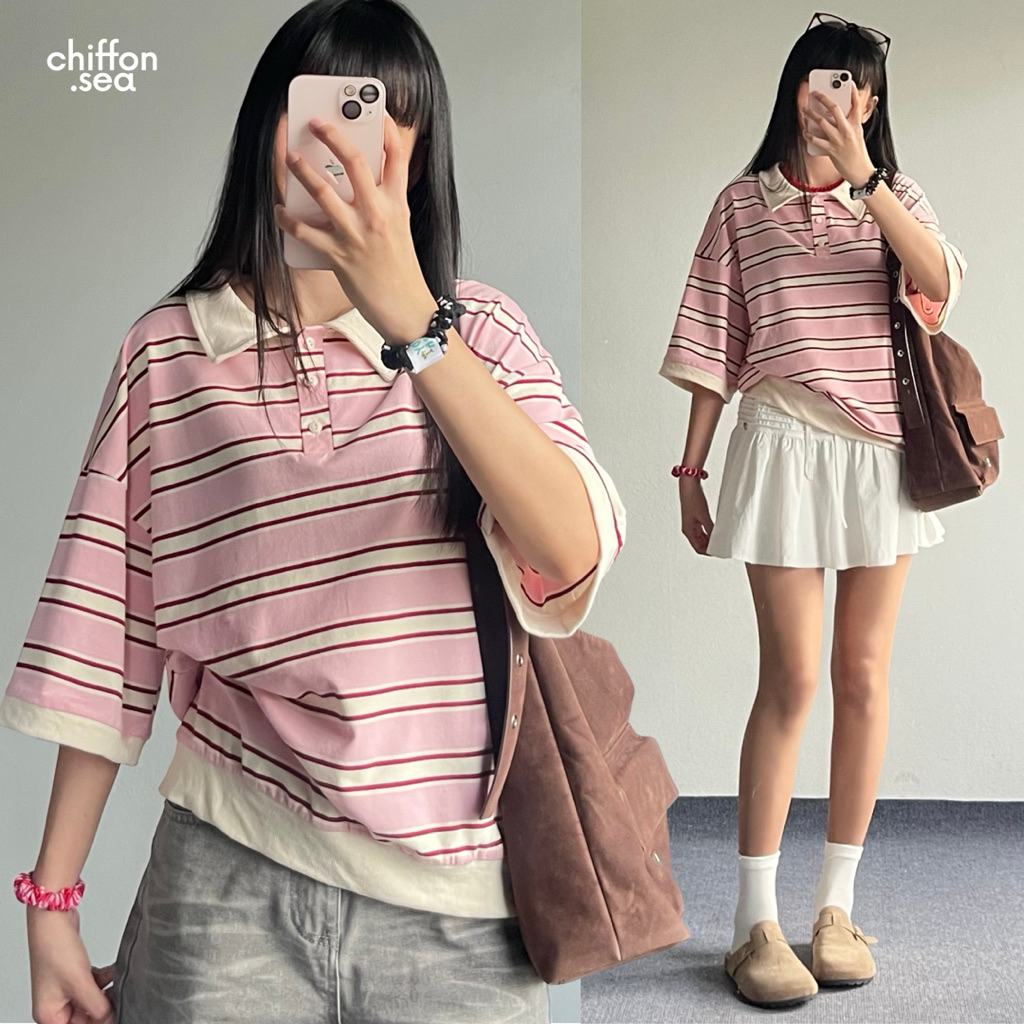 Chiffon.sea | Over oversized เสื้อโปโลสีชมพู ทรงโอเวอร์ไซส์