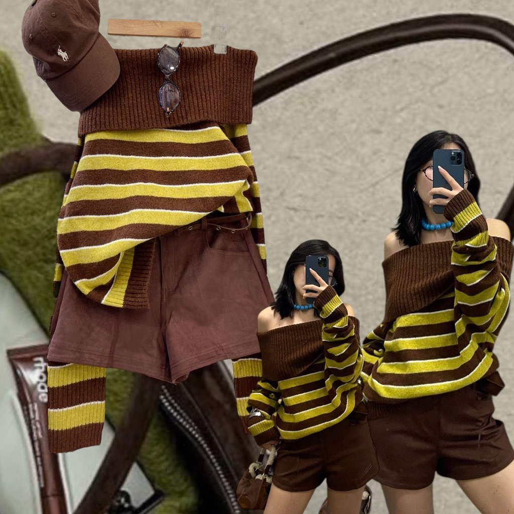 green brown knit off shoulder top.💛🤎เสื้อไหมพรม ไหล่ปาด ผ้านุ่มมาก ลายริ้วสีเขียว น่ำตาล ทรงสวยเลย oversize หน่อยๆ