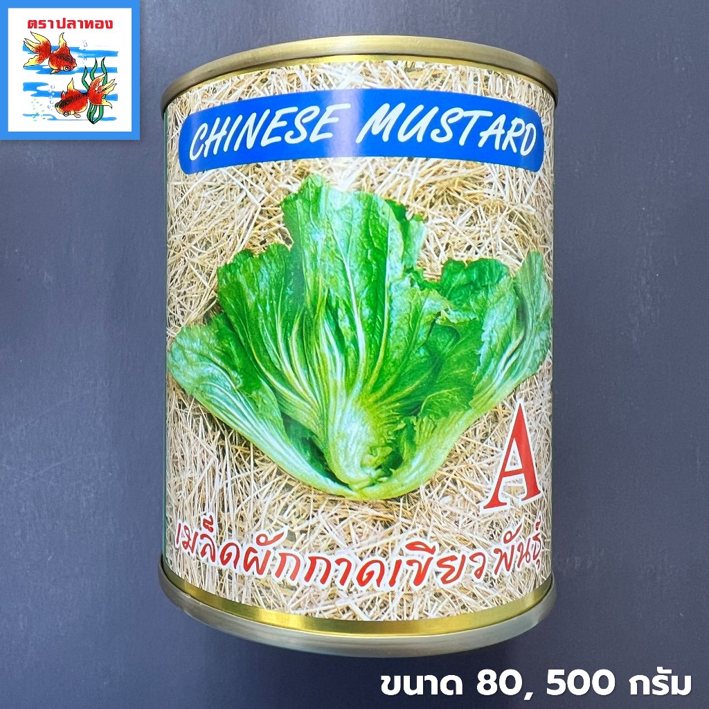 เมล็ดผักกาดเขียวปลี ผักโสภณ เขียวปลี กระป๋อง ขนาด 80, 500 กรัม ตราปลาทอง พันธุ์ A