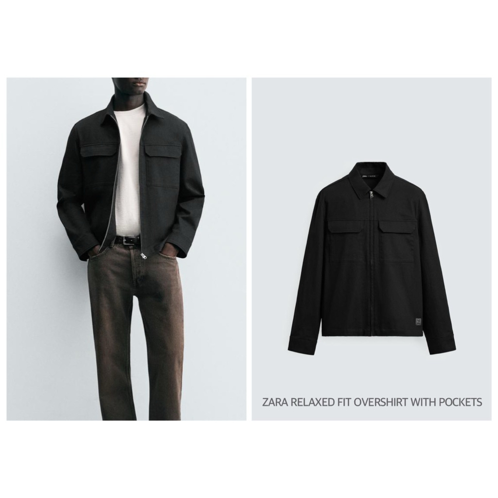 ZARA เสื้อเชิ้ต คอปก สีดำ แขนยาว RELAXED FIT OVERSHIRT WITH POCKETS (A2804)