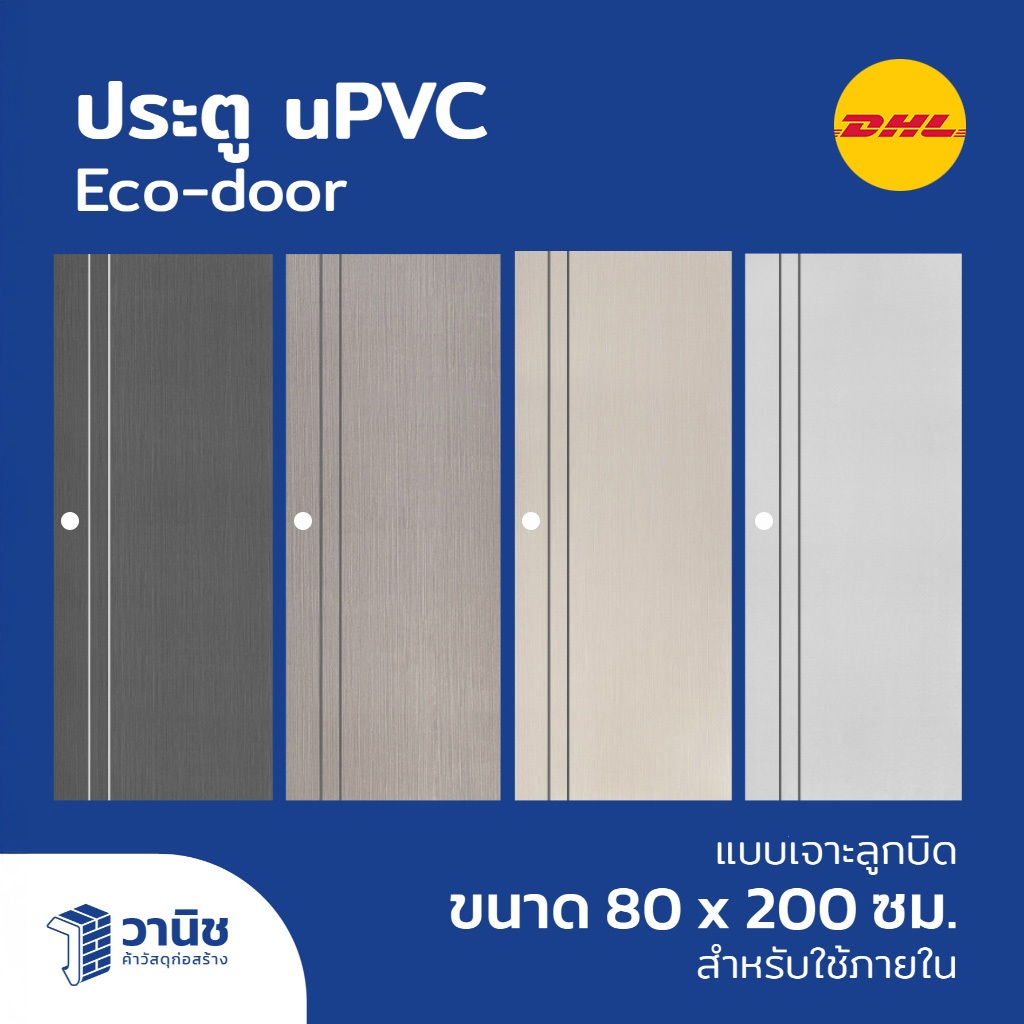 (ส่งDHL) Eco-door ประตู uPVC รุ่น PE 80 x 200 ซม. แบบเจาะลูกบิด | กันปลวก กันน้ำ 100% ใช้ภายใน