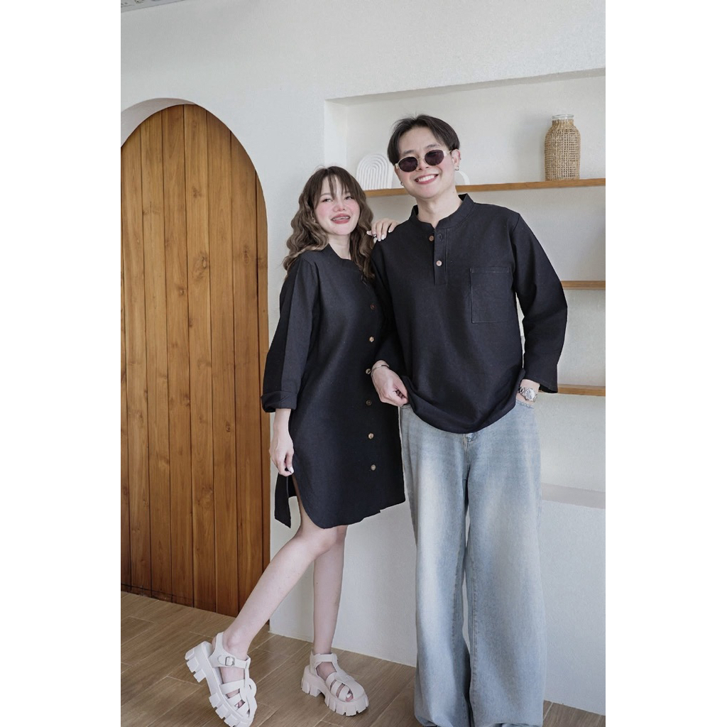 ชุด Collection งานคู่สีดำเนื้อผ้าฝ้าย ผู้หญิงมินิเดรสผู้ชายเสื้อคอปีนกดแยกนะคะ
