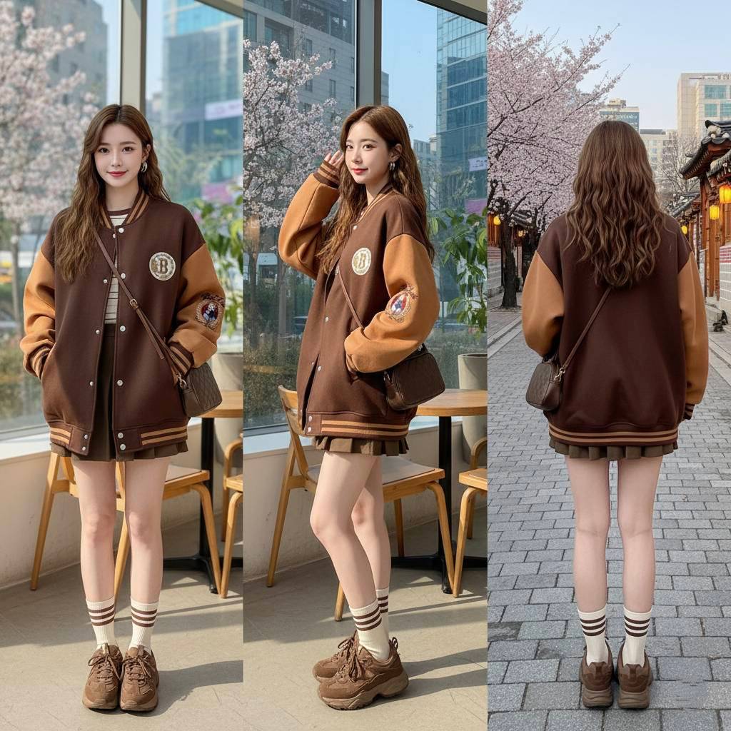 💗เสื้อกันหนาว Latte Varsity Jacket – แจ็คเก็ตวินเทจสไตล์เกาหลี สีเอิร์ทโทนคุมโทน แมทช์ง่าย ปิดด้วยกร