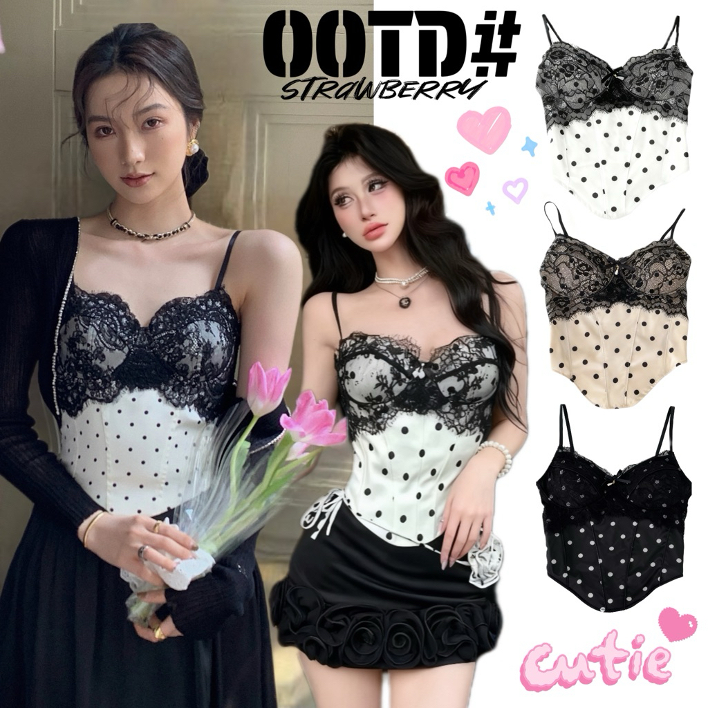 STR พร้อมส่ง🐰👑เสื้อสายเดี่ยว ดีเทลขอบลูกไม้และโบว์ พิมพ์ลายจุด พร้อมฟองน้ำ เรียบหรู เซ็กซี่แฟชั่นผู้หญิง สไตล์ฝรั่งเศส