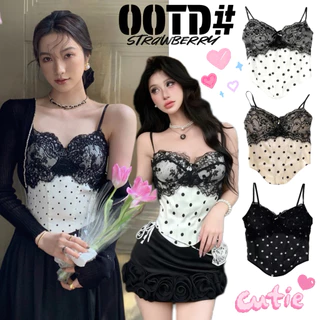 STR พร้อมส่ง🐰👑เสื้อสายเดี่ยว ดีเทลขอบลูกไม้และโบว์ พิมพ์ลายจุด พร้อมฟองน้ำ เรียบหรู เซ็กซี่แฟชั่นผู้หญิง สไตล์ฝรั่งเศส
