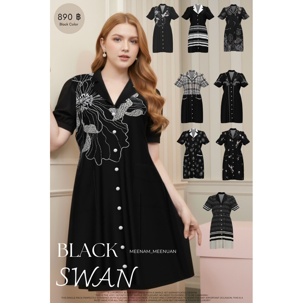 DS87 เดรสสูทดำswan เดรสสูทคนอ้วน ไซซ์ใหญ่ เดรสสีดำ