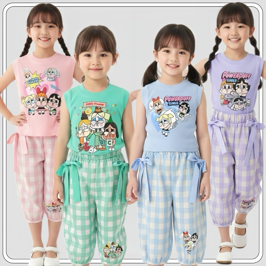 MC055 ชุดเชต เสื้อppg + กางเกงแต่งโบว์ สีหวาน สำหรับลูกสาว มี 4 สีจ้า