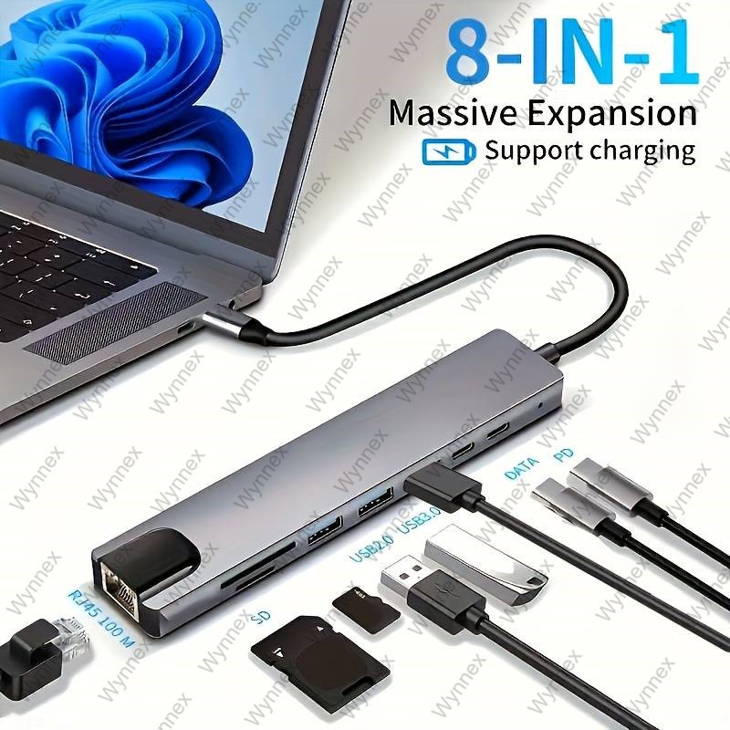 8 In 1ชนิด C ฮับ Dongle กับ Ethernet, HDMI 4K, 2 USB,พอร์ตข้อมูล USB C,87W PD, TF/การ์ด SD Type C 3.
