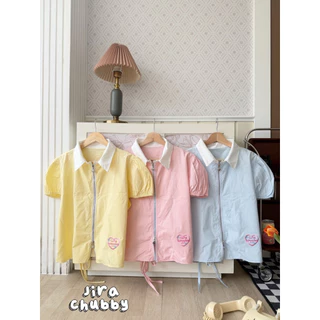/JR/ เสื้อคอปกขาวซิปหน้า สาวอวบ ไซส์อก38-50 ซิปยาวหัวใจ เปิดหัวท้าย แต่งปักหัวใจ มีสายผูกกระชับด้านหลัง #พลัสไซส์
