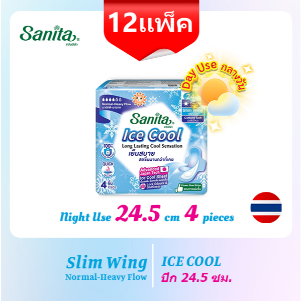 【ราคาพิเศษ : 12 แพ็ค】Sanita Ice Cool / แซนนิต้า ผ้าอนามัย ไอซ์ คูล ผิวสัมผัสนุ่ม สลิม มีปีก 24.5ซม. 4ชิ้น/ห่อ