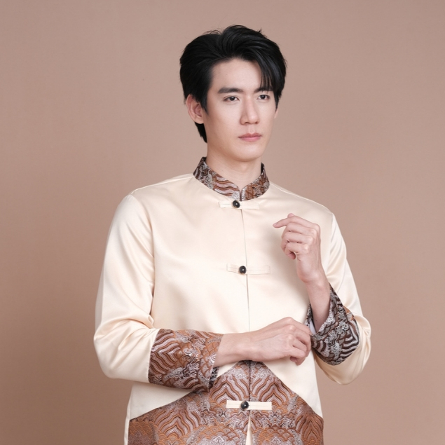 (JUN) CNY Shirt เสื้อตรุษจีนผู้ชาย สีครีมลายภูเขา รุ่น NAGA