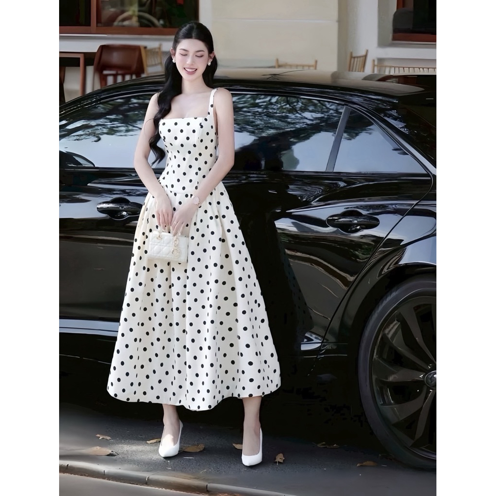 เดรสตัวยาวสายเดี่ยวคอเหลี่ยมผ้าดีมากมีโชคเกอร์ดอกไม้อกมีฟองน้ำซิปหลังกระโปรงทรงบานเย็บจีบหน้าและหลังลายจุด - รูปที่ 6