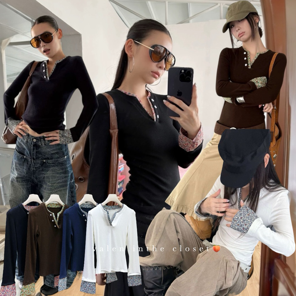 ส่งด่วน 🛵 MMFISH 𝗠𝗜𝗦𝗧𝗬 𝗚𝗔𝗥𝗗𝗘𝗡 𝗧𝗢𝗣 เสื้อแขนยาวทรงสวย ดีไซน์แต่งคอและปลายแขนด้วยผ้าลายดอกเล็กๆ