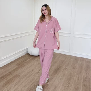 ชุดนอนผ้าไหมเกาหลีสีพื้นปัก ฟรีไซส์ ไซส์ใหญ่ แขนสั้น-ขายาว อก43 อก52 อก60