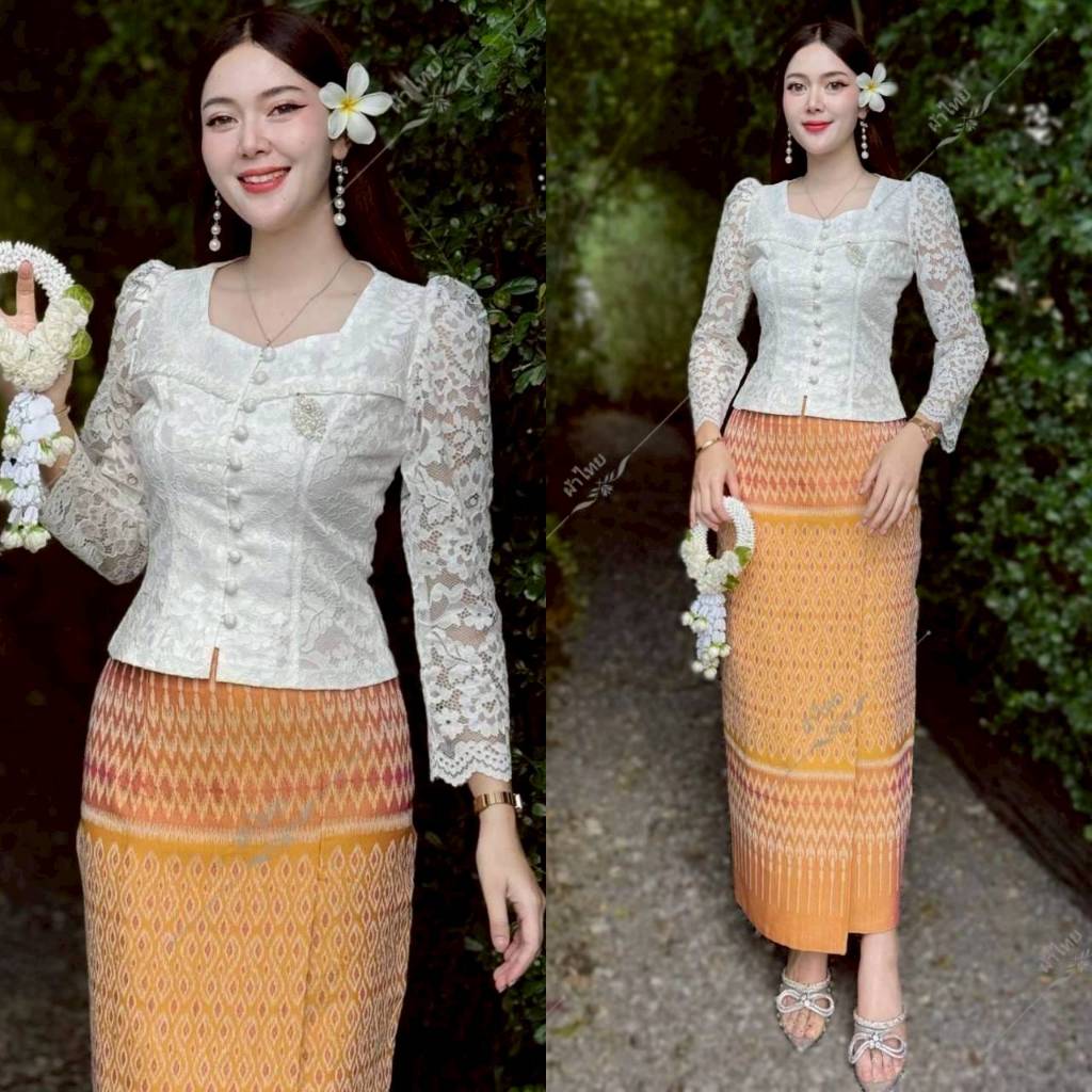 KK - KE (ขายแยก)💓💓 set 2 ชิ้น เสื้อลูกไม้สีขาวงาแขนยาว ผ้าถุงป้ายสำเร็จผ้าทอลายไทยสีส้มเหลืองชุดไทยใส่ไปทำบุญ ออกพรรษา