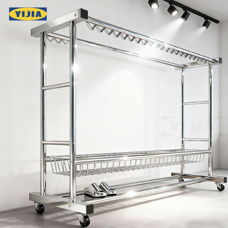 YIJIA🔥รุ่นอัพเกรด🔥ราวตากผ้า ราวตากผ้าสแตนเลส ราวตากผ้าท่อเหล็กสองแถว มาพร้อมตะกร้า กันลมได้ดี มั่นคง