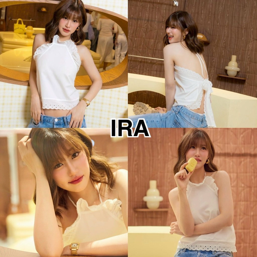 BY IRA(23288) Balthazar Top พร้อมส่ง เสื้อสายเดี่ยวคล้องคอ ผูกหลัง แต่งขอบระบายลูกไม้