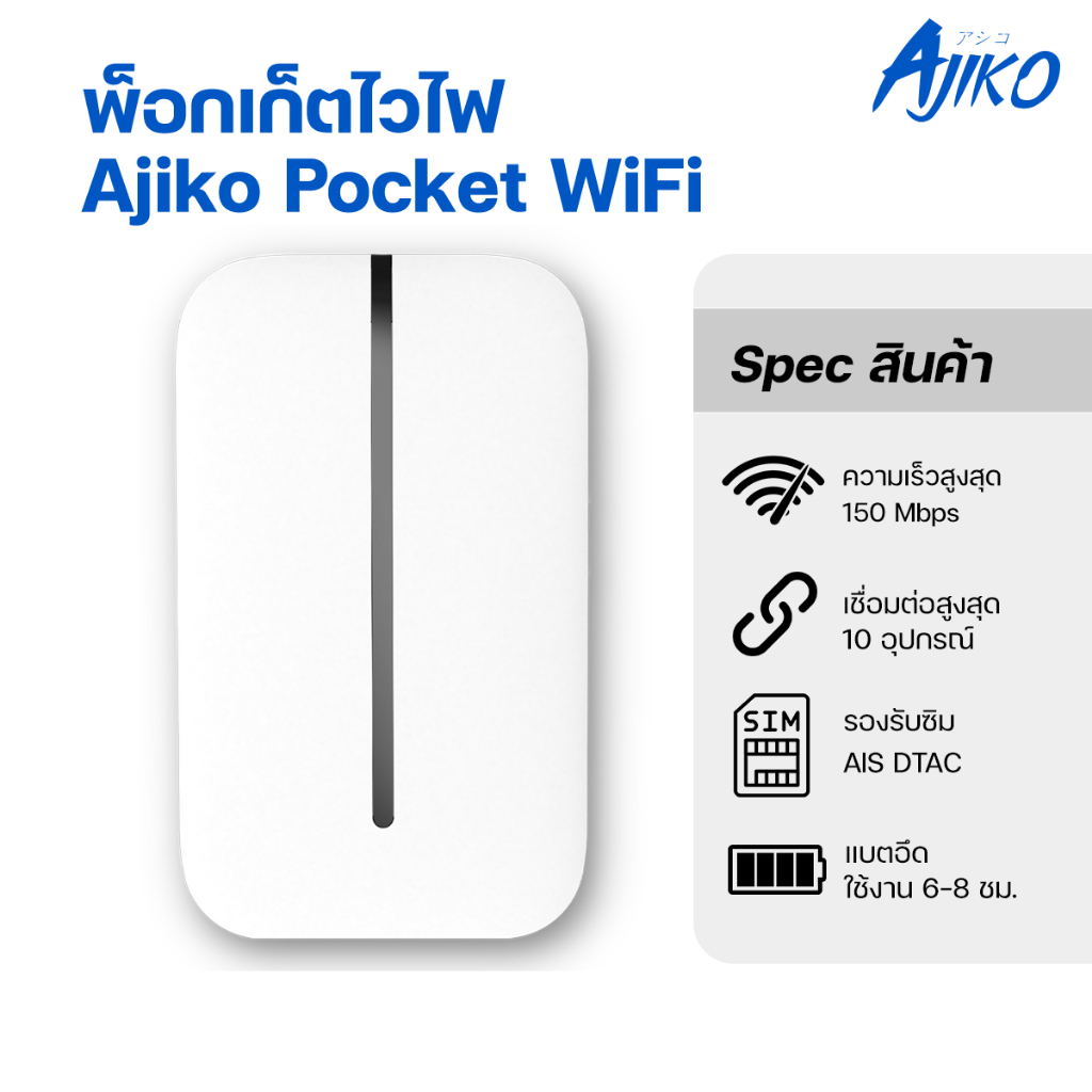 Ajiko Pocket Wifi ไวไฟพกพาใส่ซิม พ็อกเกตไวไฟ 4G รองรับซิมทุกเครือข่าย AIS  DTAC MIFI