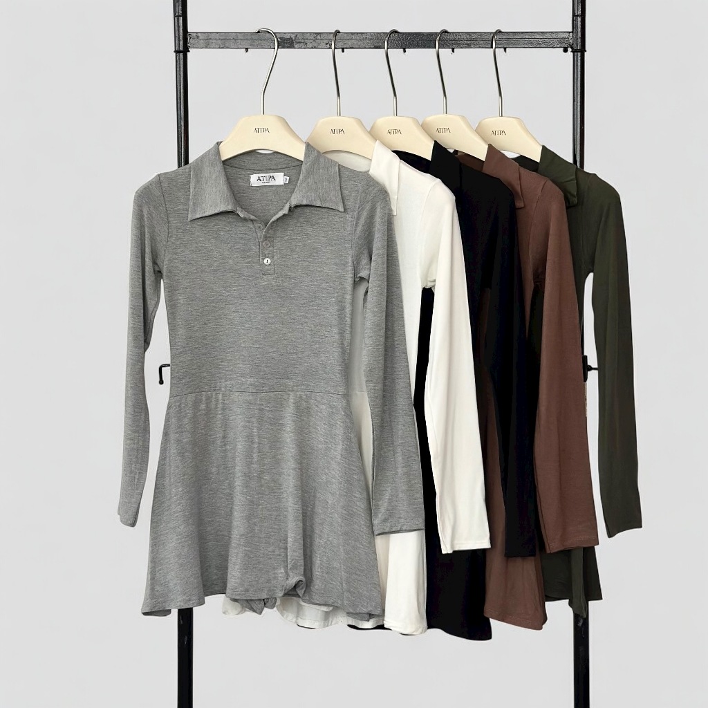 Atipashop - RIMA MINI DRESS เดรสสั้น แขนยาว คอปก ทรงสวย สีพื้น มีหลายสี