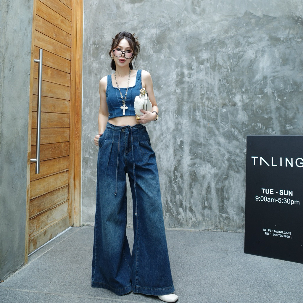 Unique Jeans กางเกงยีนส์กระบอกใหญ่ ดีไซส์แต่งเชือกตรงเอว