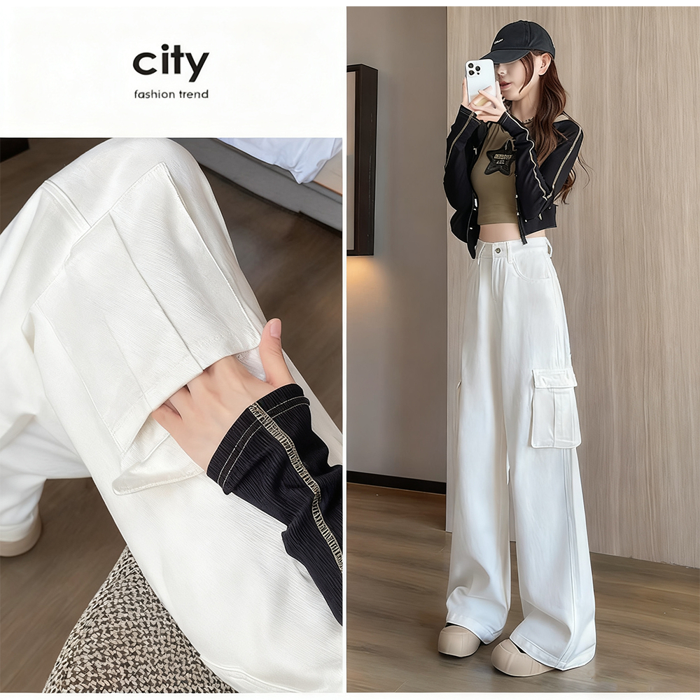 S-5XL กางเกงยีนส์เอวสูงทรงคาร์โก้สำหรับผู้หญิง สีขาว ไซส์ครบ ใส่สบาย ทรงหลวมเท่ๆ เหมาะกับทุกโอกาส ราคา ถูกที่สุด ดีลบีเคเค แกลเลอรีภาพที่ 9