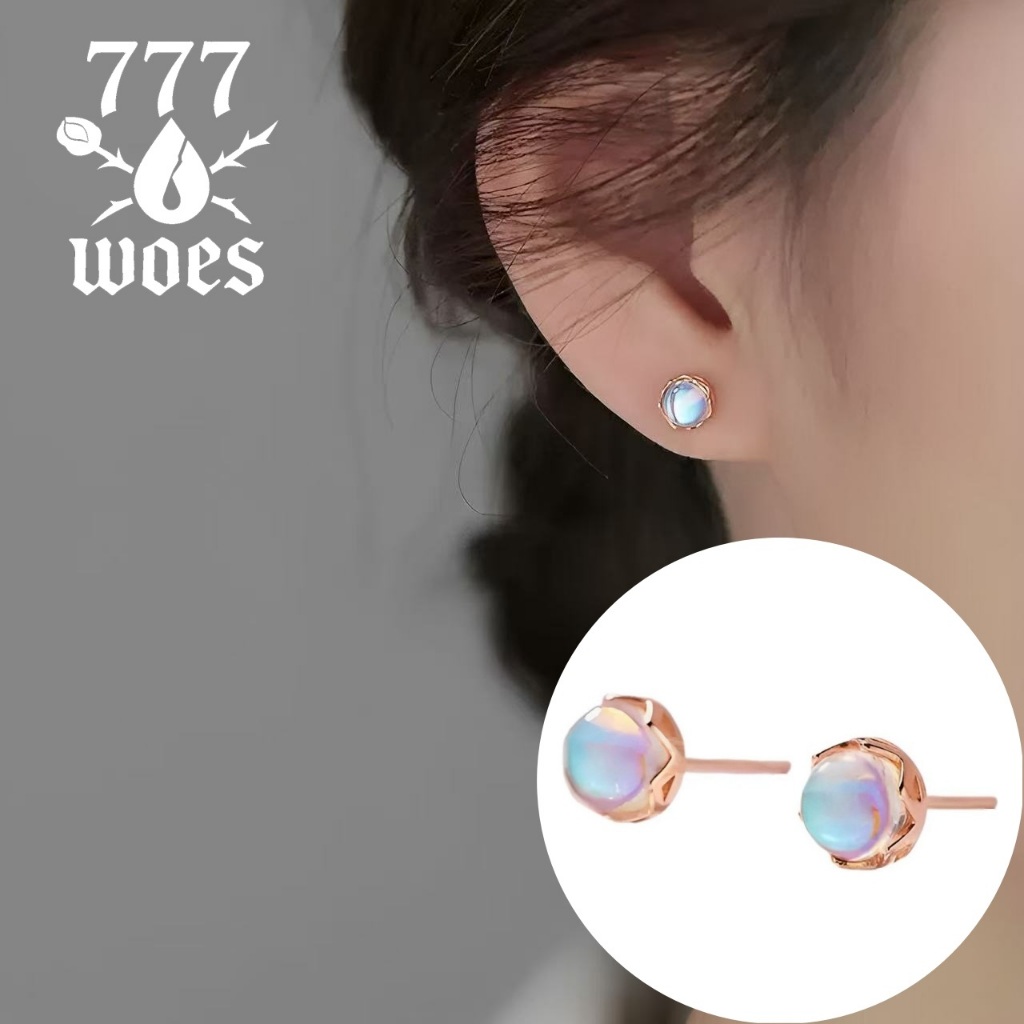 777WOESต่างหูประดับมูนสโตนหลากสี สีทองและสีเงินแวววาวระยิบระยับ ดีไซน์หรูหรามินิมอลopalสไตล์เกาหลี