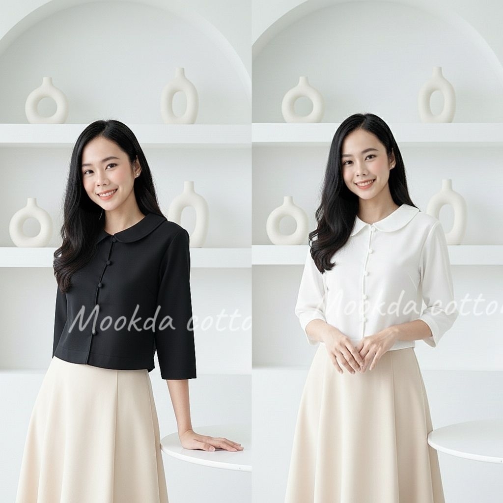 เสื้อคอบัวอัดกาวแขนสามส่วน กระดุมปั๊ม อก34-44นื้ว