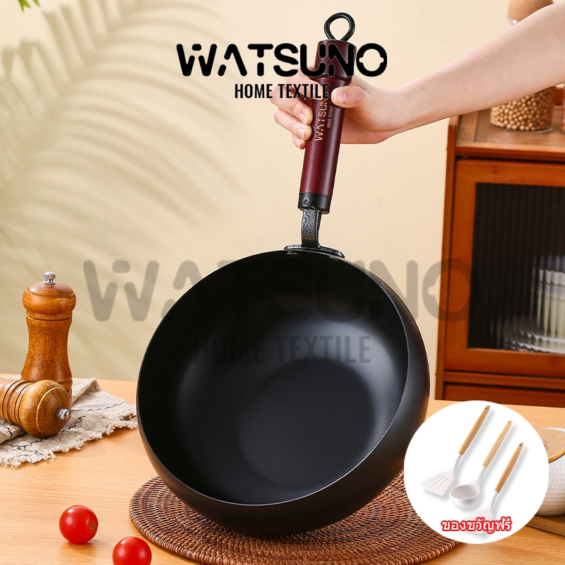 Watsuno.กระทะครัว กระทะไม่ติด ความจุขนาดใหญ่ ด้ามจับไม้ เหมาะสำหรับเตาประเภทต่างๆ