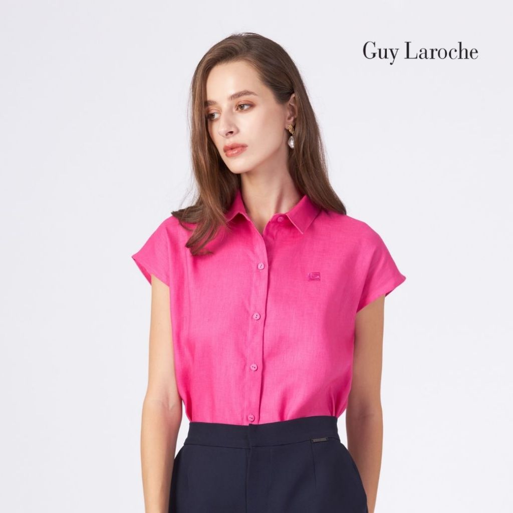 Guy Laroche เสื้อเชิ้ตผู้หญิง Light linen แขนล้ำ สีชมพู G9U3PI
