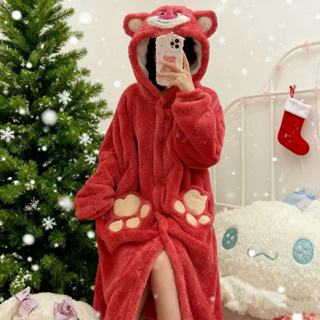 ชุดนอนผู้หญิงน่ารัก เสื้อคลุมอาบน้ำชุดกิโมโนฤดูหนาว ลายหมีสต…