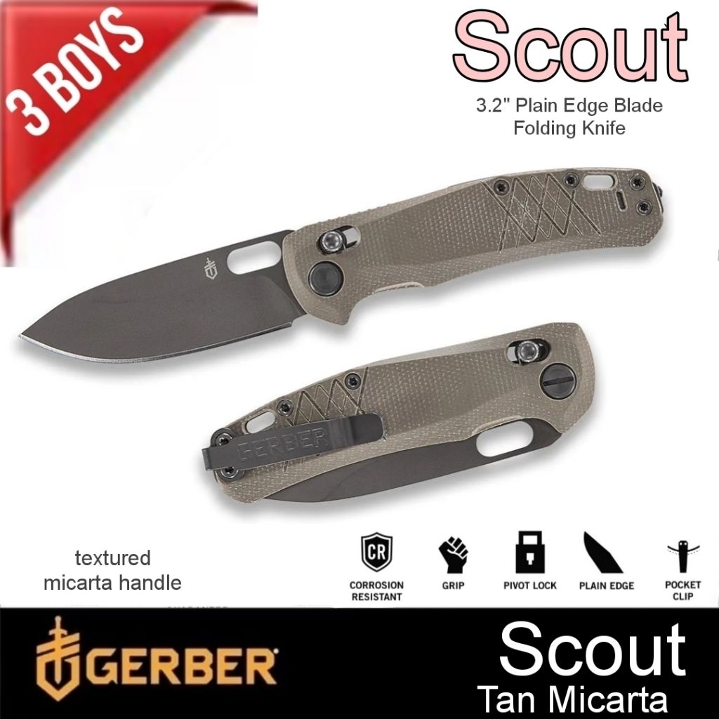 Gerber Gear Scout Pocket Knife Tan - 3.2" Plain Edge Blade Folding Knife - EDC Gear and Equipment - 