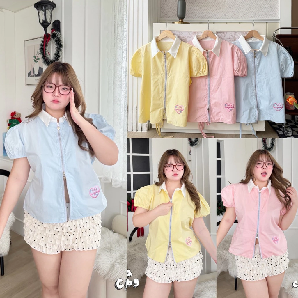 /JR/ เสื้อคอปกขาวซิปหน้า สาวอวบ ไซส์อก38-50 ซิปยาวหัวใจ เปิดหัวท้าย แต่งปักหัวใจ มีสายผูกกระชับด้านหลัง #พลัสไซส์
